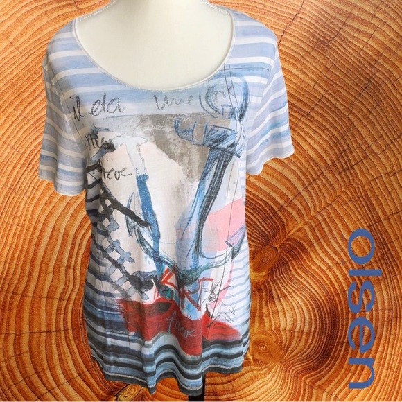 Blue and White Graphic Tee with Scoop Neck and Short Sleeves - Picture 1 of 6